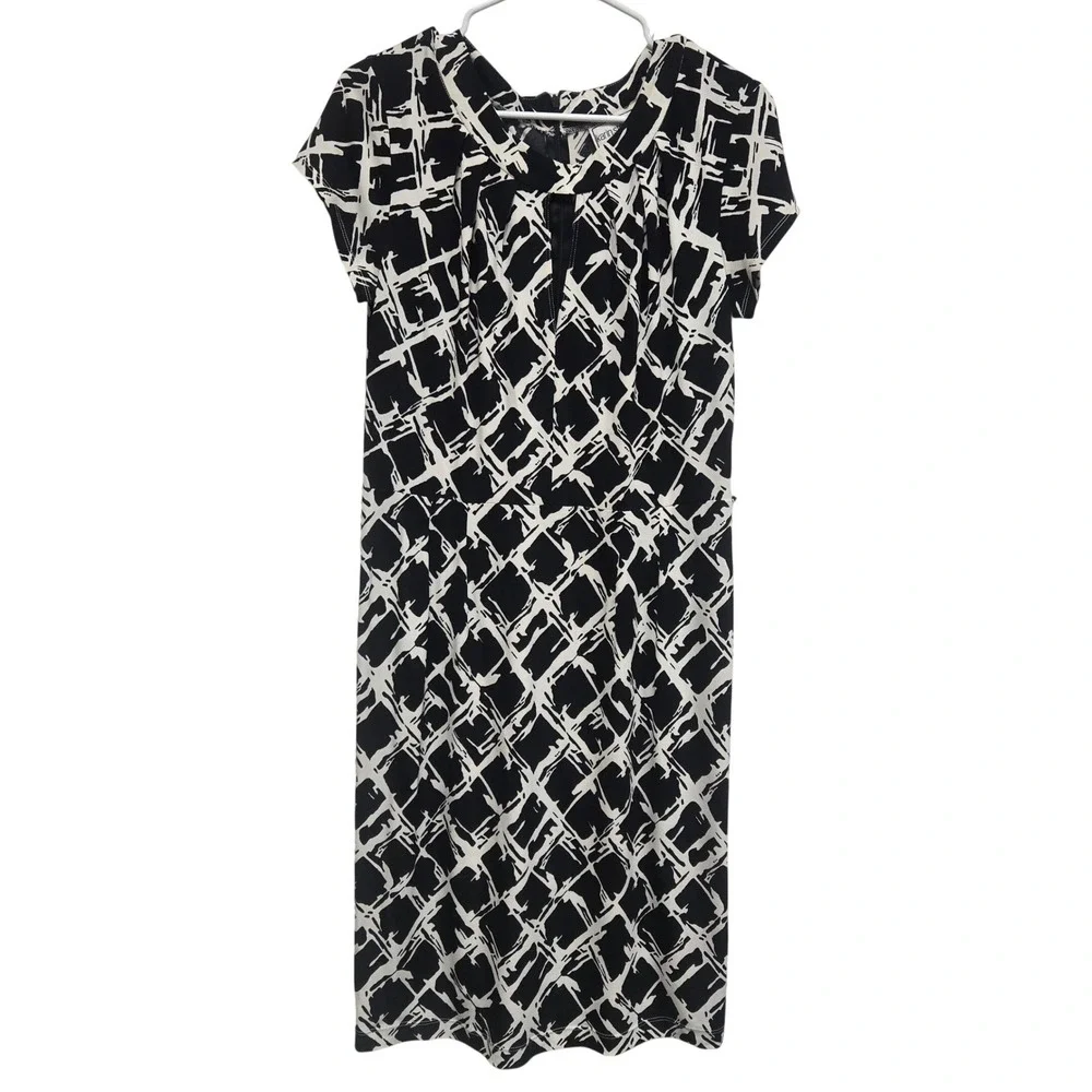 Karin Stevens Black White Abstract Geometric Print Short‎ Sleeve Midi Dress 10